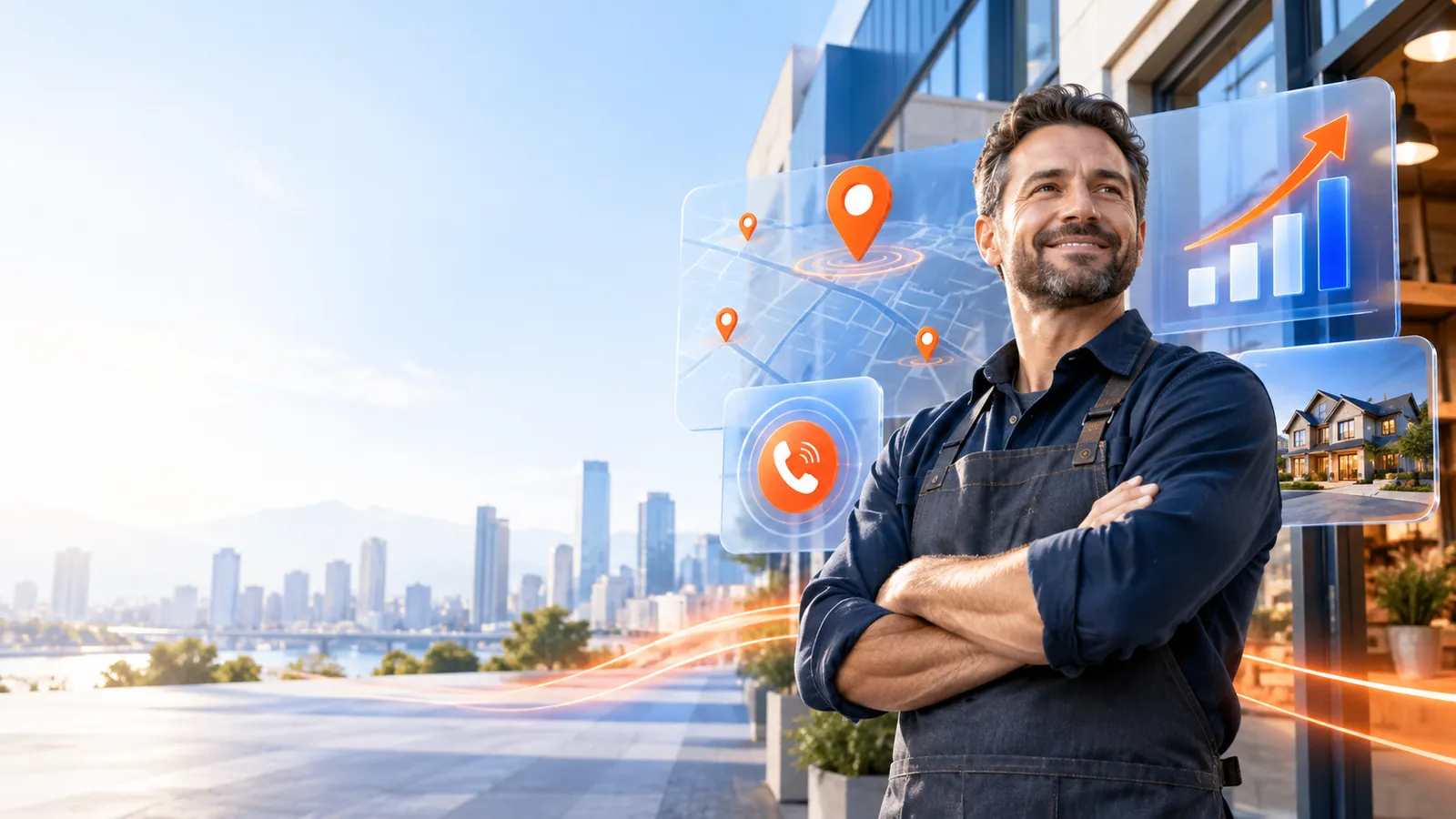 Local service business owner standing outside their shop, with Google map pack and search ranking growth graphics overlaid